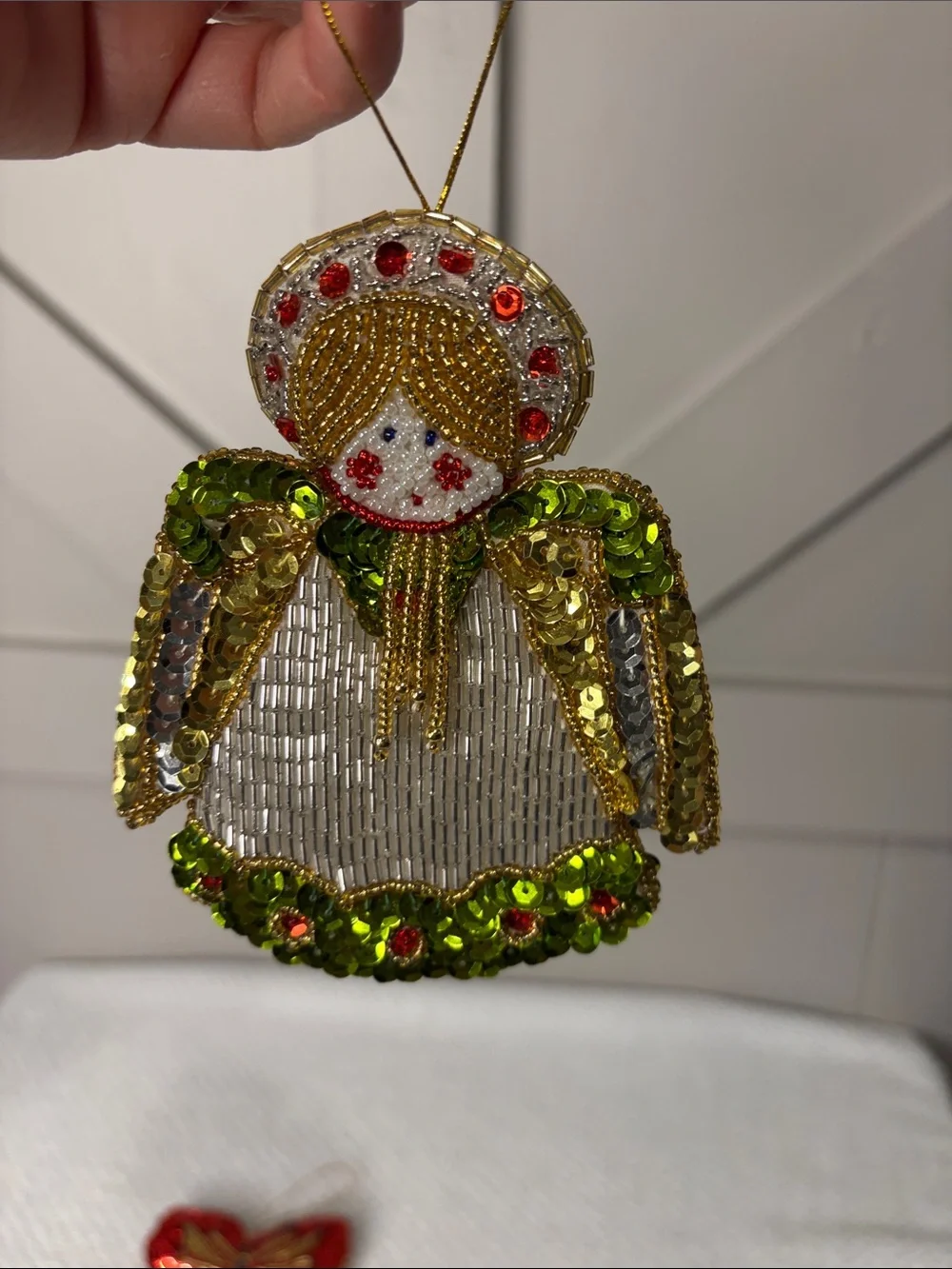 Vintage Handmade Beaded Sequin Christmas Holiday Ornament Set of 4 Kitsch Retro